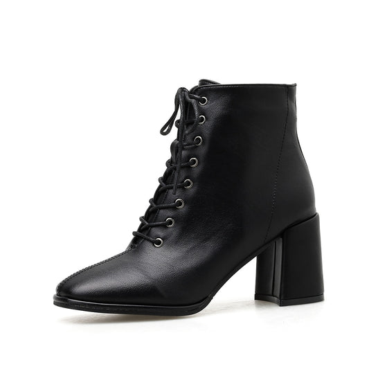 Lace-Up Solid Color PU Leather Women's Round Toe Chelsea Square Heel Ankle Boots