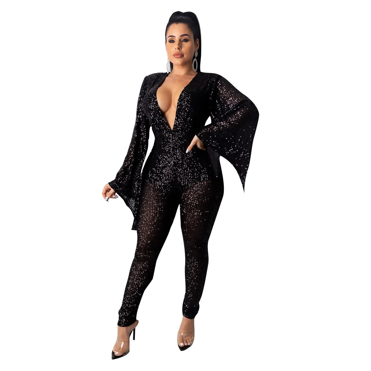 Sequin Glitter O-Neck Women's Sleeveless/Long Sleeve Bandage Formal Party Jumpsuit w/ Belt to 5X Plus Size