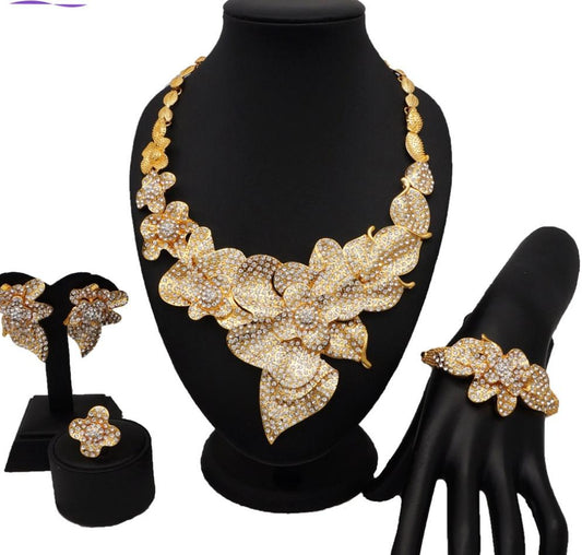 African Nigerian Crystal Floral Necklace, Bracelet, Earrings 3-Piece Jewelry Sets