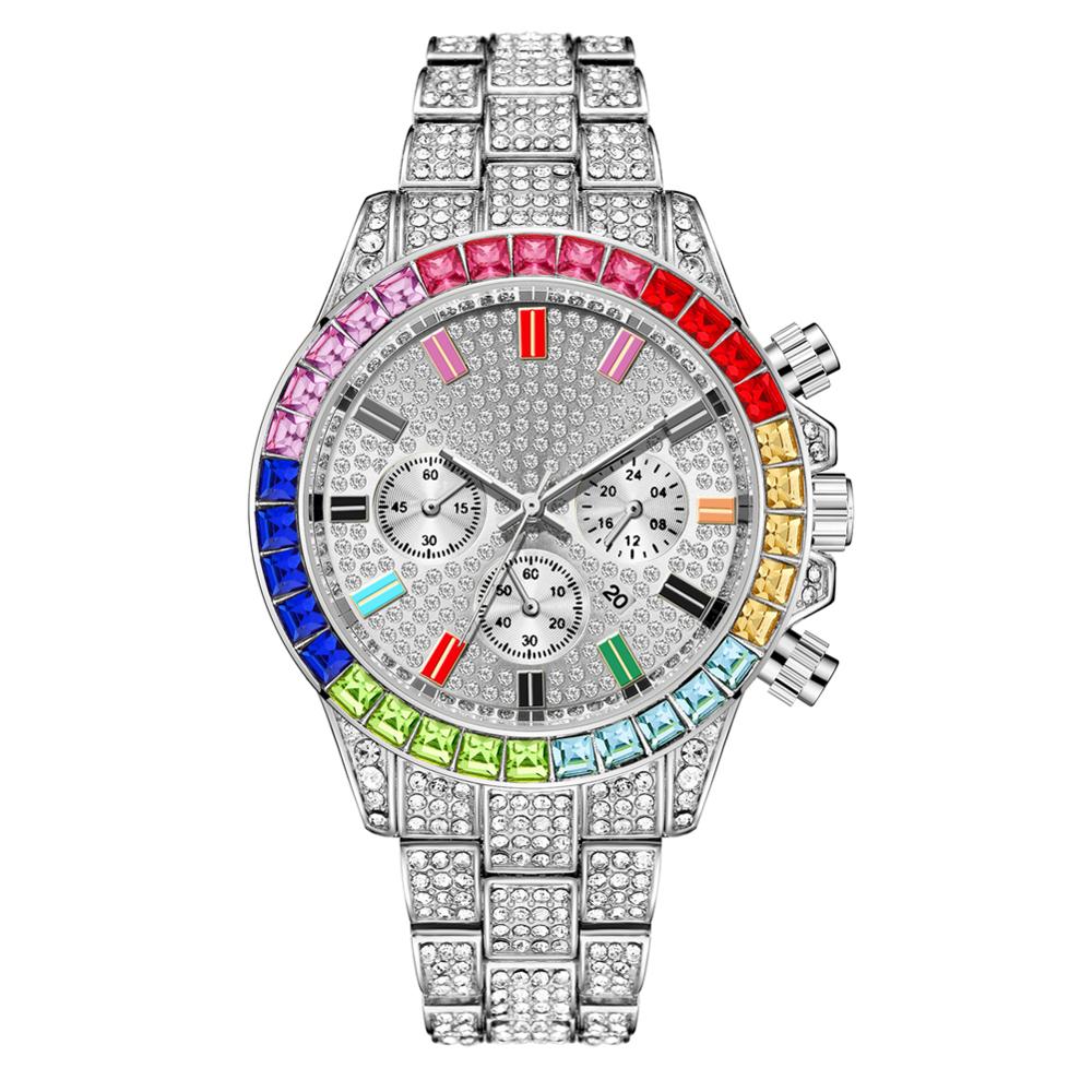 Rainbow Diamond Iced Out Square Quartz Waterproof Men's Watch