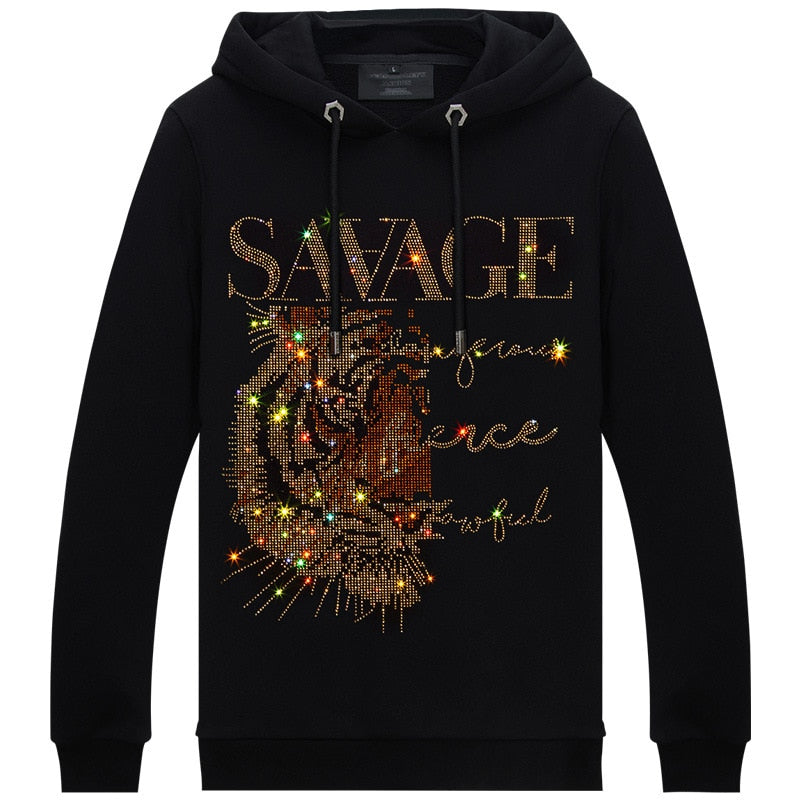"SAVAGE" Men's Rhinestone Sparkling Glitter Gold Tiger Print Hip-Hop Hoodie Sweatshirt