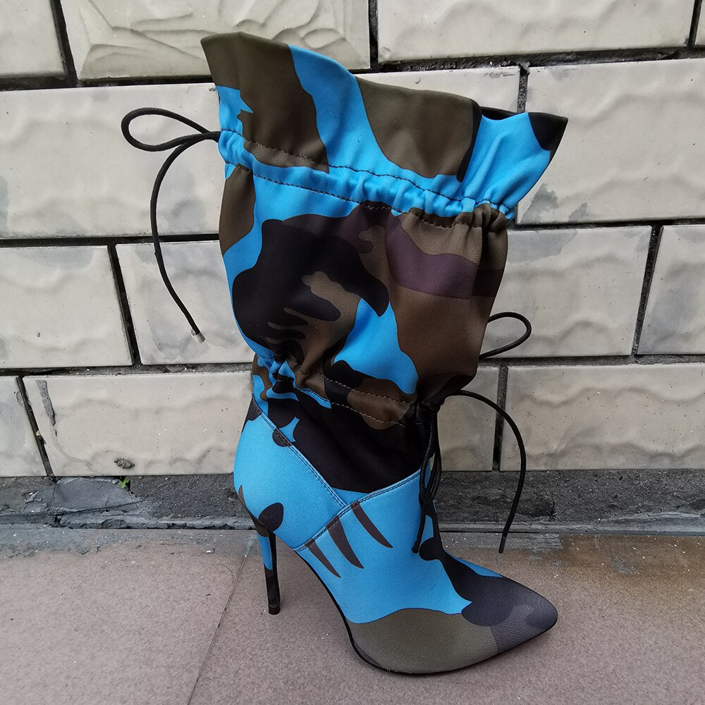 Colored Camoflauge Stiletto Heel Drawstring Women's Ankle Boots
