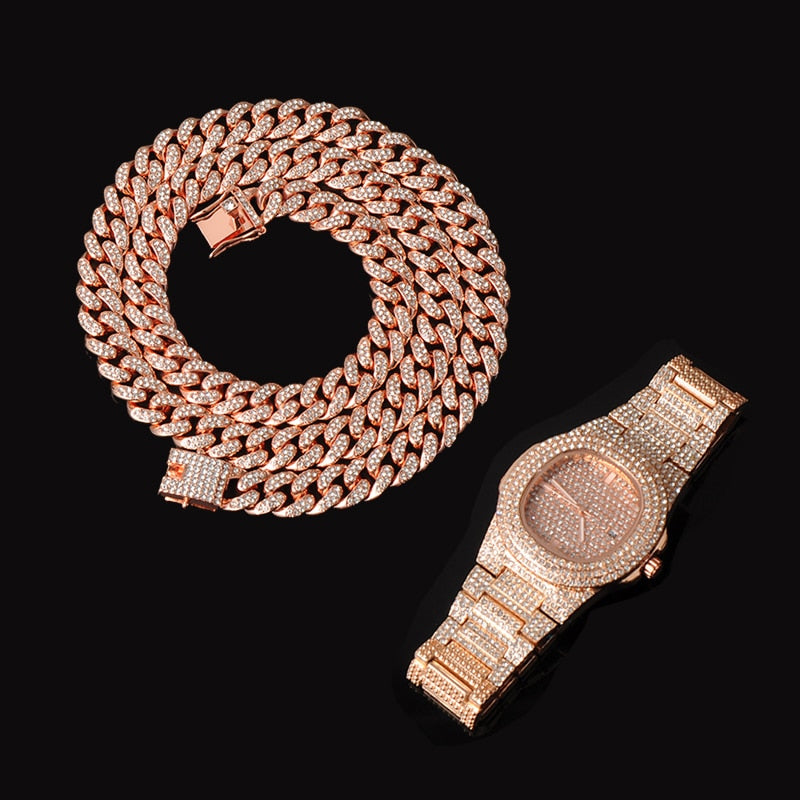 3-Piece Jewelry Hip Hop Gold Iced Out Paved Rhinestones CZ Bling Sets: Cuban Chain, Watch & Bracelet