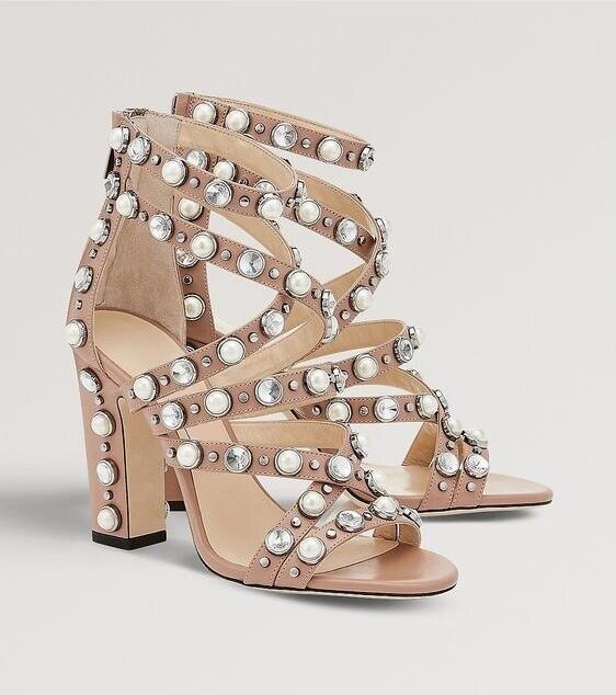 Pearl Embellished Metal Decor Square Heel Sandals Cut-out Peep Toe Ankle Strap Sandals