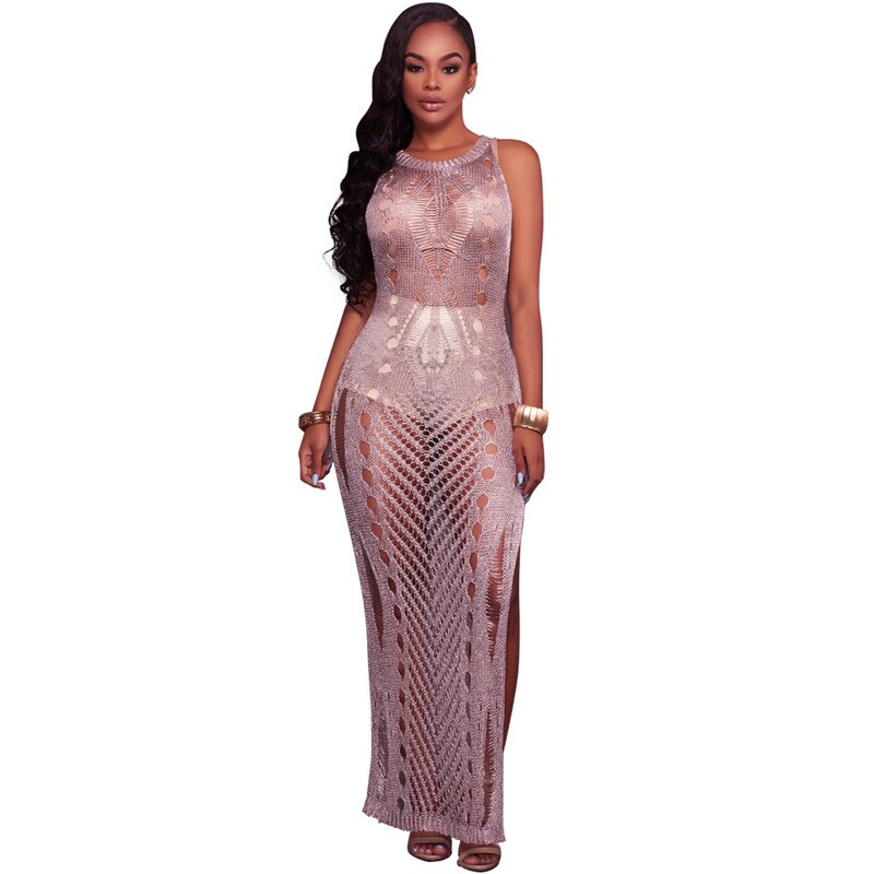 Crochet Metallic Hollow-Out Bodycon Pullover O-Neck Sleeveless Cover Up Maxi Dress