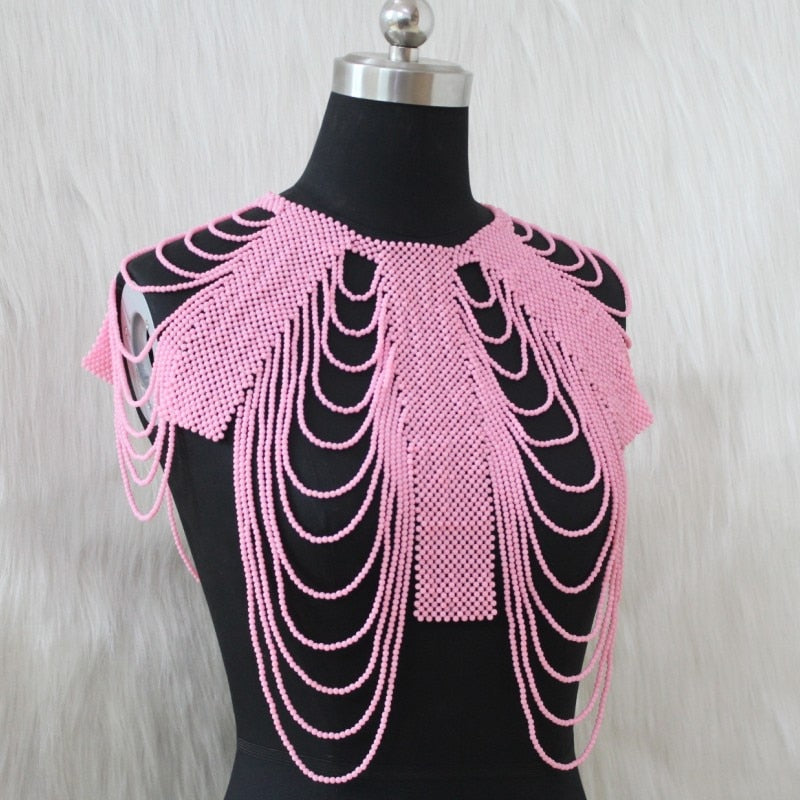 Acrylic Beaded Shoulder Bridal Wedding Jewelry Orange / Red / Pink Long African Oversized Collar Body Necklace