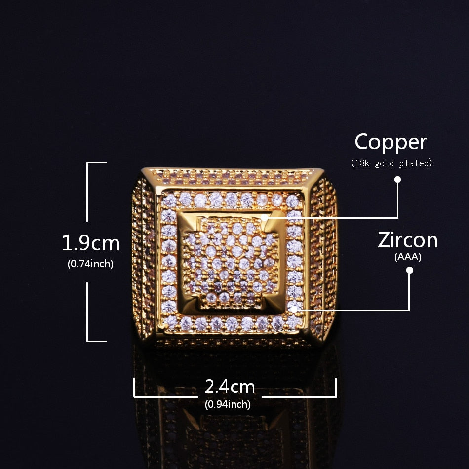 Men's Bubble Letter Gold Color Real Copper Iced-Out Square Hip-Hop Bling Rings