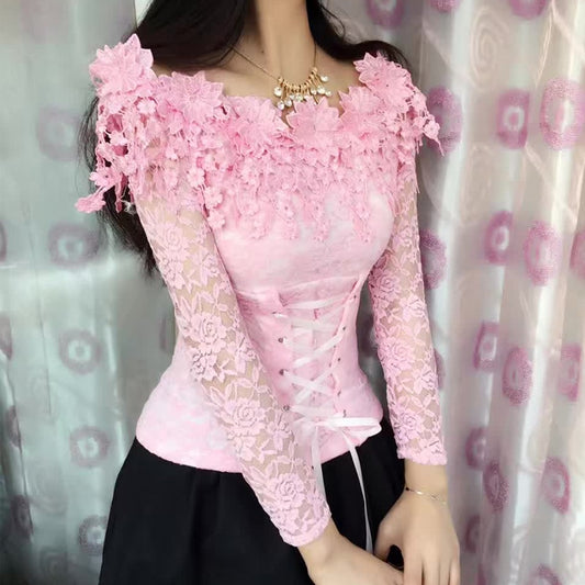 Rose Flower Lace Design Slash Neck Off-the-Shoulder Long Sleeve Blouse