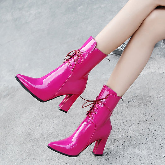 Shiny Patent Leather Solid Color Women's Lace-Up Square Platform Heel Ankle Boots