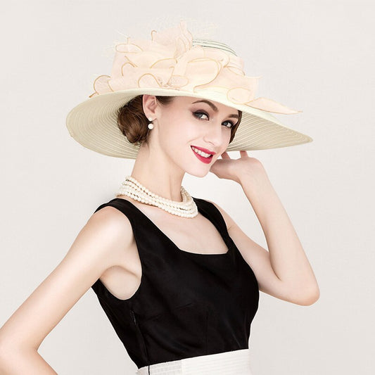 Large Floral Brim Organza Derby Fedora Hat