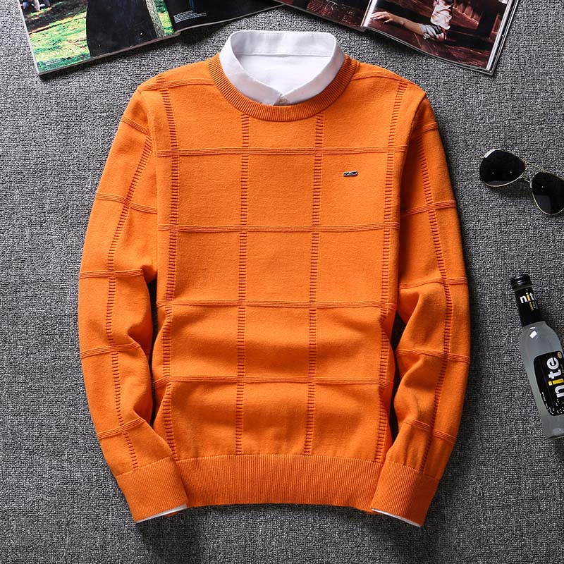 Men's Cashmere Checker Design Solid O-Neck Long Sleeve Pullover Sweater