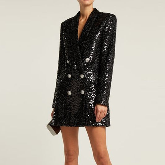 Designer Black Shiny Glitter Sequin Black Double Breasted Lion Button Detsil Shawl Collar Runway Blazer Dress