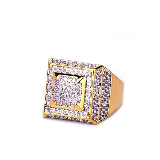 Men's Bubble Letter Gold Color Real Copper Iced-Out Square Hip-Hop Bling Rings