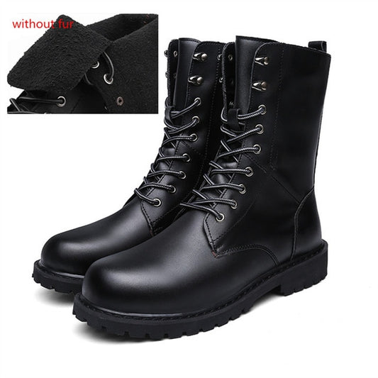 Men's PU Leather Fleece Lined Motorcycle Solid Color Waterproof Leather Lace-Up Ankle Boots