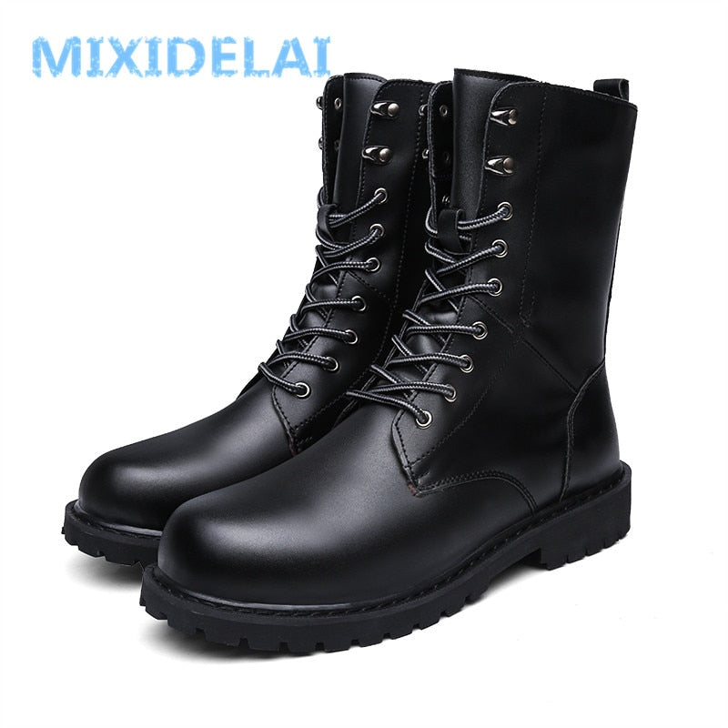 Men's PU Leather Fleece Lined Motorcycle Solid Color Waterproof Leather Lace-Up Ankle Boots