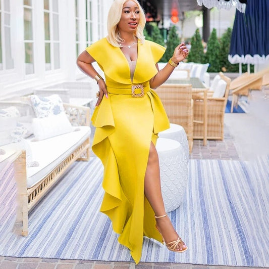 Tempermant Ruffled Deep V-Neck High Side Slit Maxi Party Formal Dress to 3X Plus Size