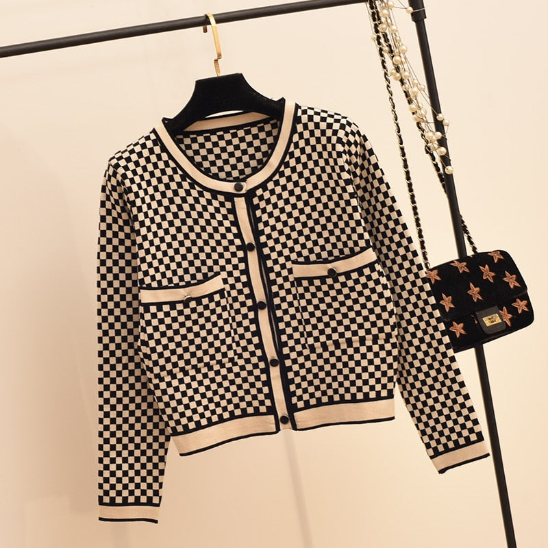 Checkered Women's Houndstooth Plaid Pocket Design O-Neck Cardigan Knitted Blazer + Contrast Hem Maxi Skirt Office Suit