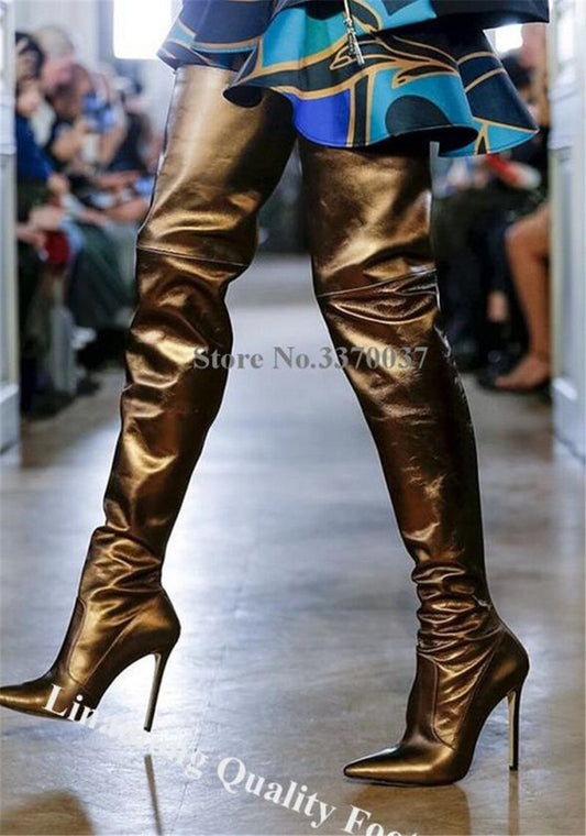 Pointed Toe Stiletto Heel Over-the-Knee Leather Thigh High Thin Heel Boots