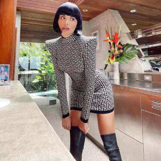 Turtleneck Geometric Print Bandage Long Sleeve Bodycon Mini Dress OR Turtleneck Geometric Print Bandage Long Sleeve Bodycon Jumpsuit OR 2-PIECE SETS: Long Sleeve Top w/ Biker Shorts OR Cropped Vest w/ Mini Skirt