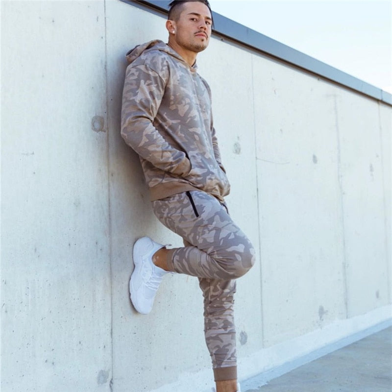 Men's Drawstring Camoflauge Hoodie Sweatshirt + Skinny Sweatpants Tracksuit