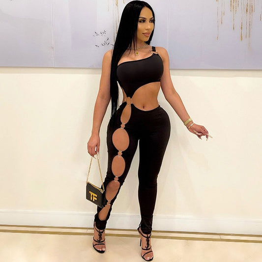 One Shoulder Asymmetrical Bodycon Sleeveless Hollow-Out Solid Color Jumpsuit