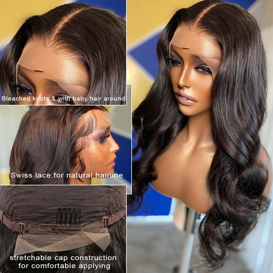 HD Transparent 13x4 Brazilian Body Wave Long Swiss Lacefront Wigs w/ Baby Hair