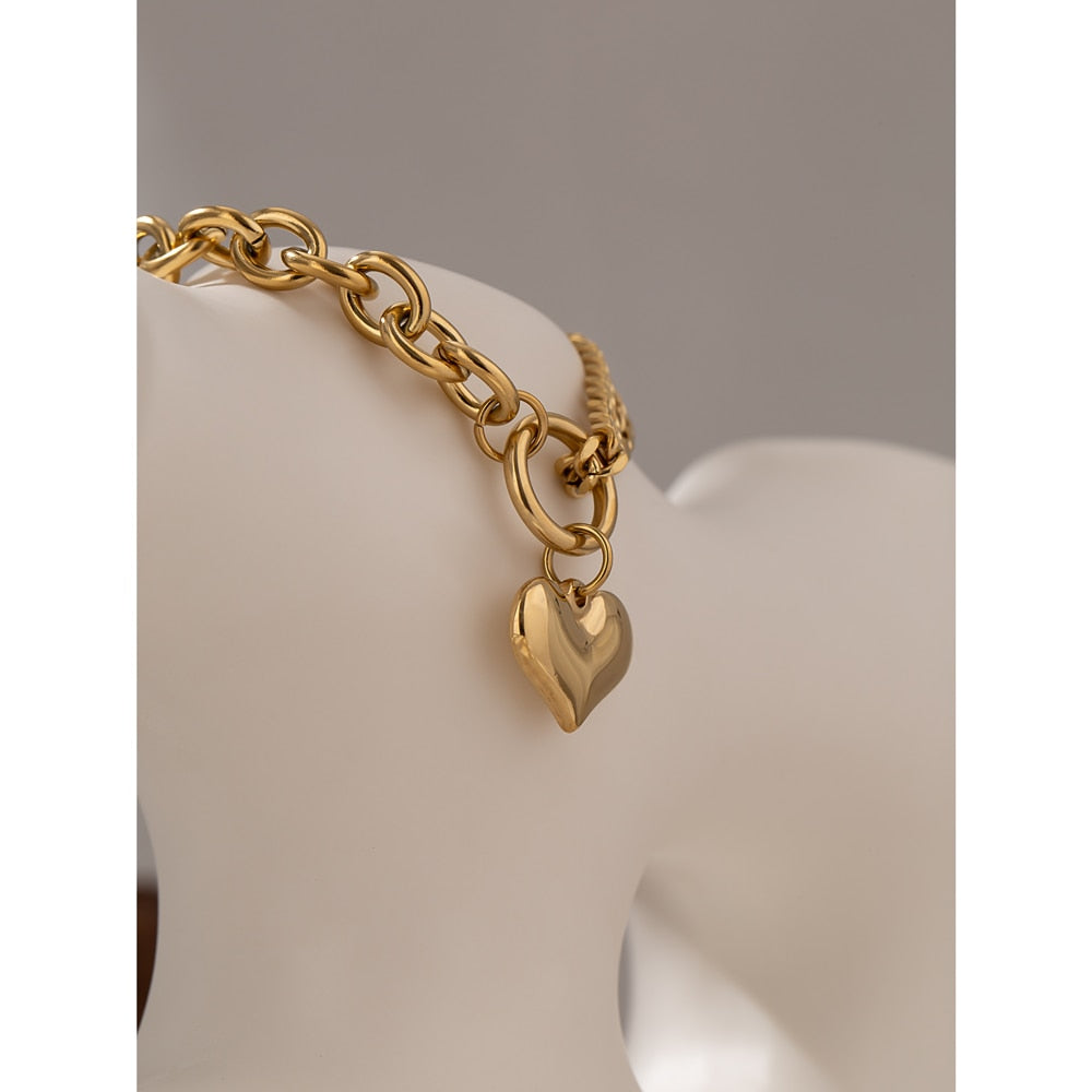 Statement Heart Pendant Stainless Steel Gold 18k Plated Bracelet