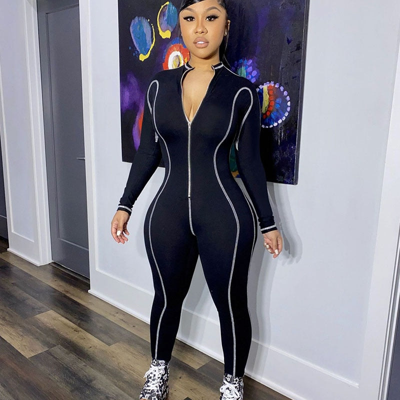 Striped Turn-Down Collar Long Sleeve Fitness Workout Skin Tight Zipper Jumpsuit