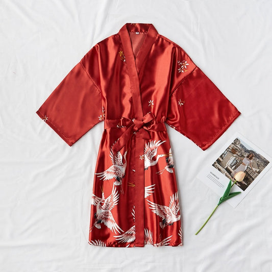 Satin Flower Swan Print Silky Women's Kimono Robe to 5X Plus Size