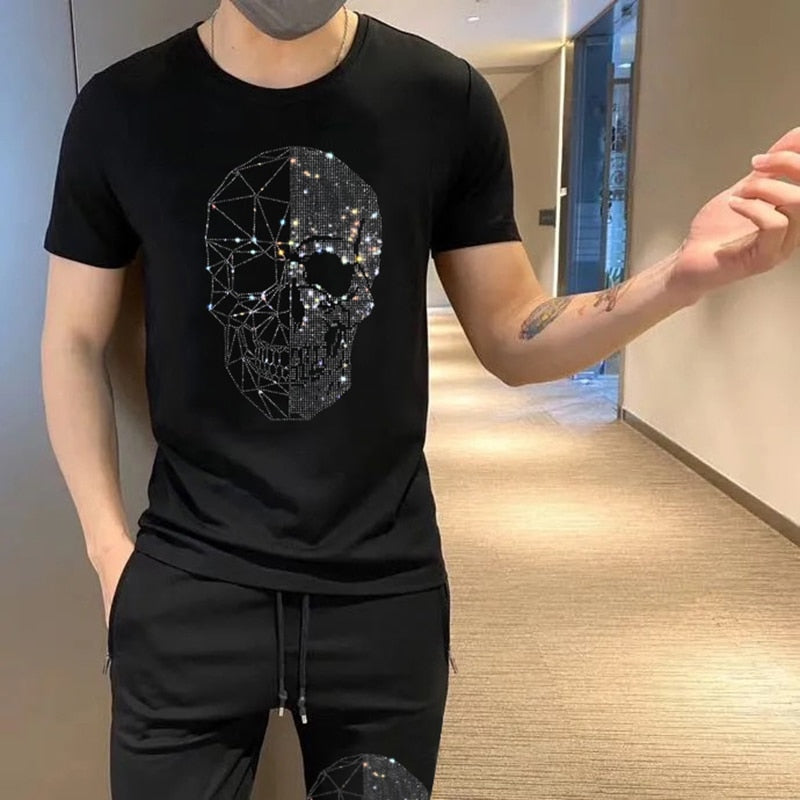 Men's Hip-Hop Rhinestone Skull Head Short Sleeve T-Shirt Pure Cotton O-Neck Top & Drawstring Sweatpants 2-Piece Set