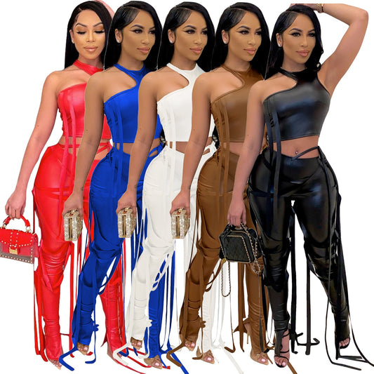 Asymmetrical Women's Solid PU Leather Bandage One Shoulder Crop Top + Lace-Up Hanging Tassel Fringe Slit Hem Pants 2-Piece Set