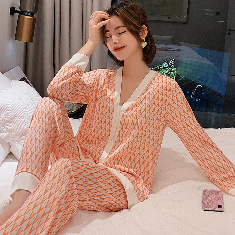 Satin Geometric Houndstooth Monogram Prints Pajamas Sleepwear 2-Piece Set
