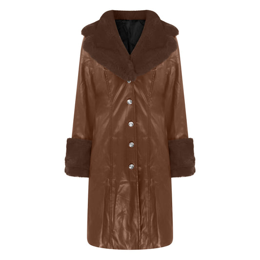 PU Leather Solid Fayx Fur Turn-Down Collar Design Button-Up Loose Trenchcoat to 5X Plus Size