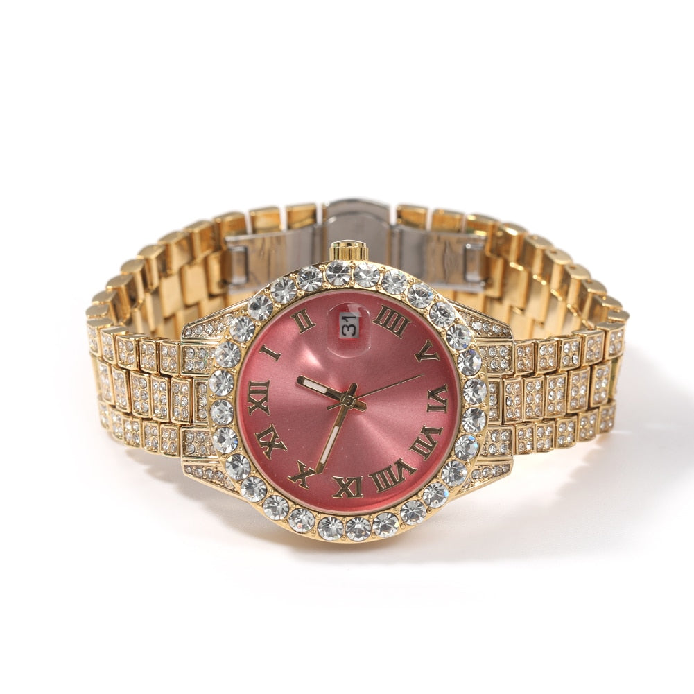 Rhinestone Colored Iced Out Stainless Steel Quartz Women's Watch