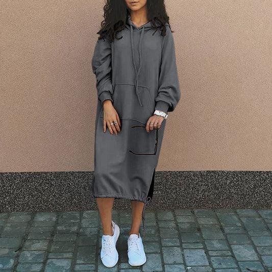 Drawstring Hem Pocketed Solid Color Loose Baggy Hoodie Sweatshirt Dress w/ to 5X Plus Size