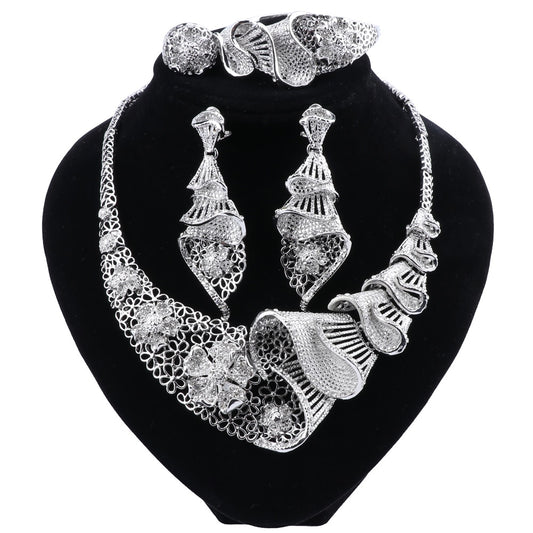 African Wedding Bridal Jewelry Set: Necklace, Bracelet, Earrings & Ring 4-Piece Set