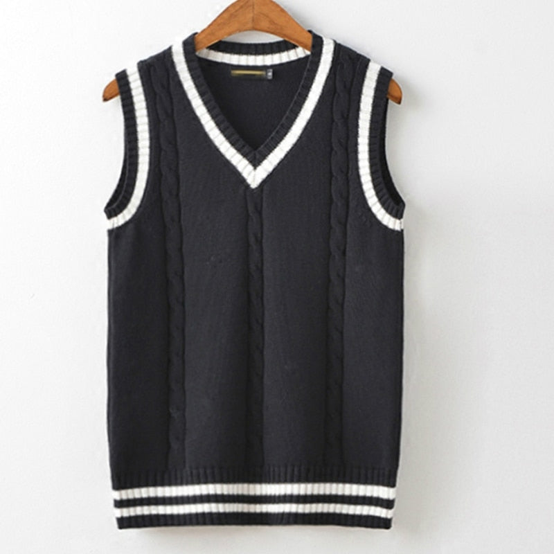 Men's English Velvet V-Neck Striped Prep Sweater Vest