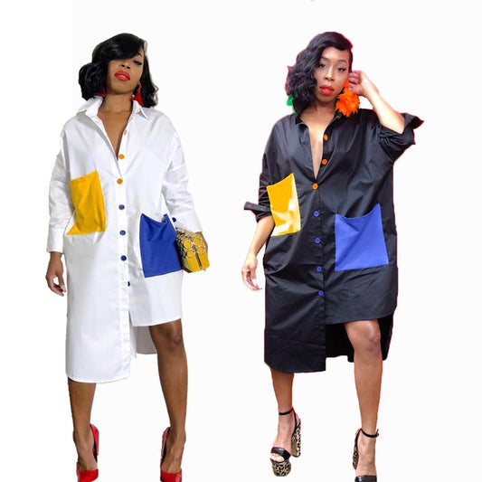 Colorblock Leopard/Geometric/Floral Long Sleeve Turn-Down Collar Oversized Shirt Dresses