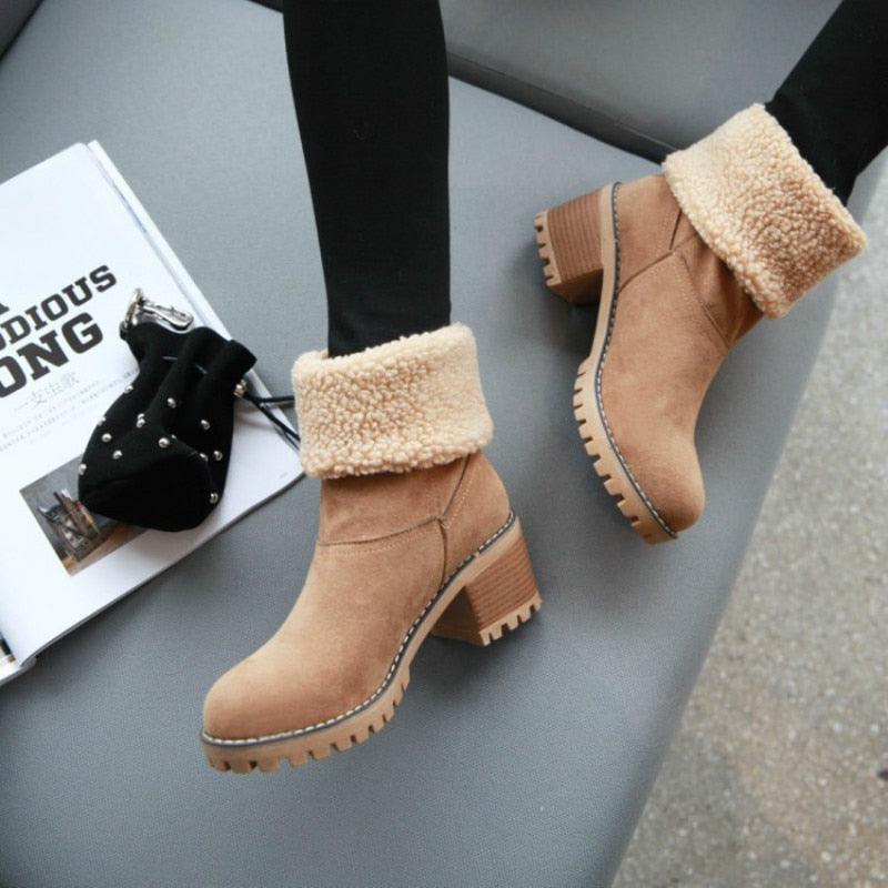 Fur Lined Platform Women's Round Toe Flat Ankle Snowboots