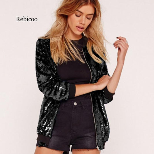 Sequin Women's Long Sleeve Shiny Bomber Zipper Glitter Jacket