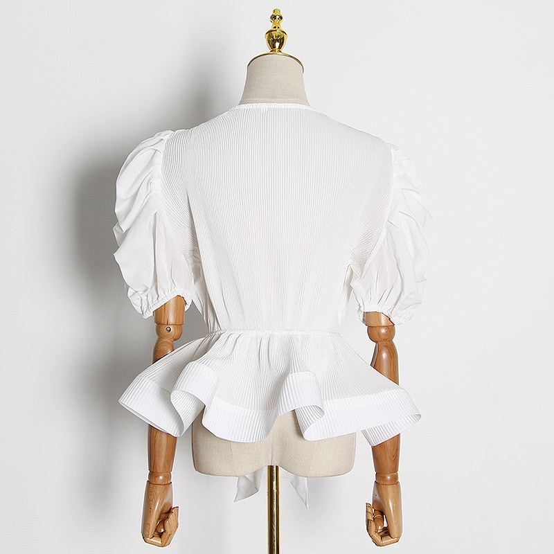 Ruffled Bowknot Short Puff Sleeve Lace-Up Deep V-Neck Blouse
