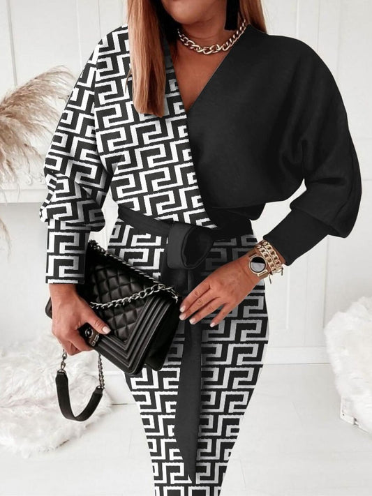 Geometric Colorblock Print Long Sleeve Belted Midi Wrap Dress
