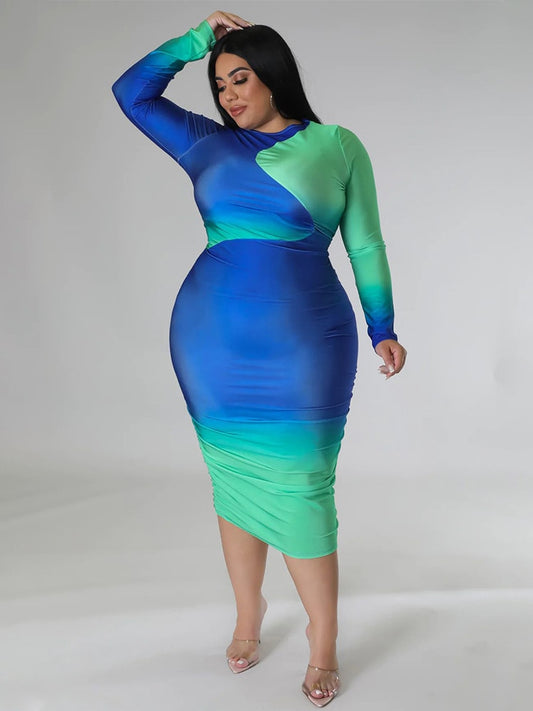 Colorblock Bodycon Strech Long Sleeve Patchwork Maxi Dress to 5X Plus Size