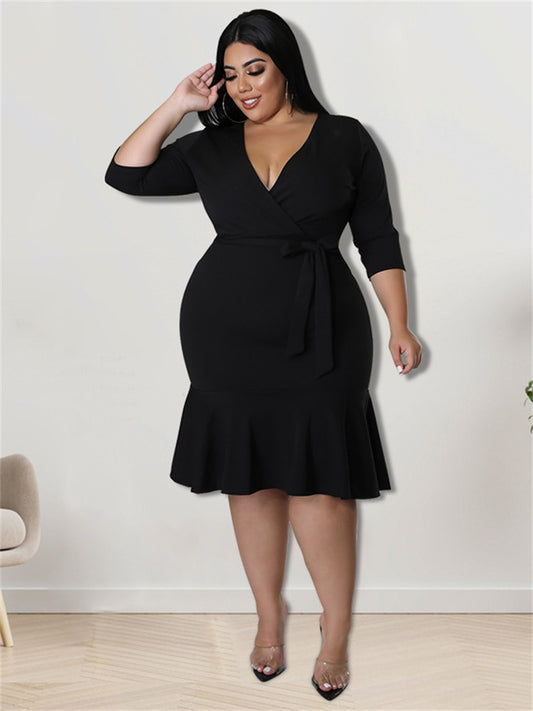 Ruffled Hem Solid Color 1/2 Sleeve Deep V-Neck Bandage Midi Dress to 5X Plus Size