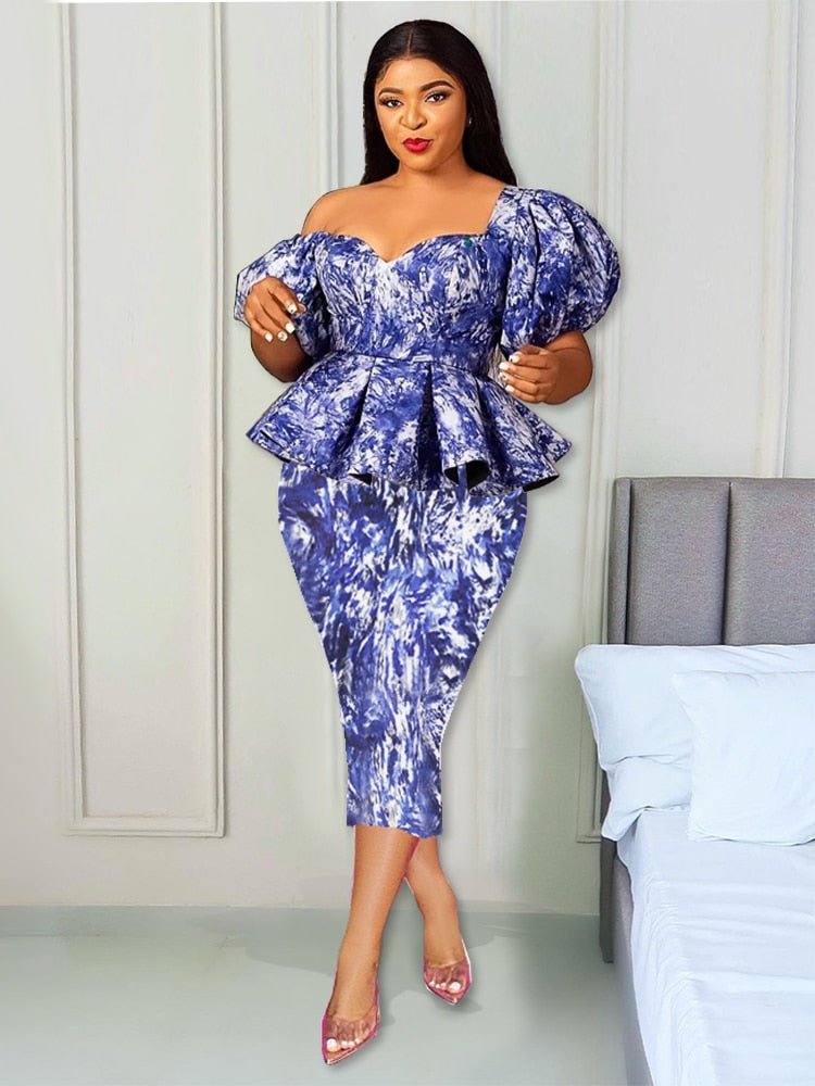 Blue/White Floral Peplum Puff Sleeve Evening Formal Dress to 4X Plus Size