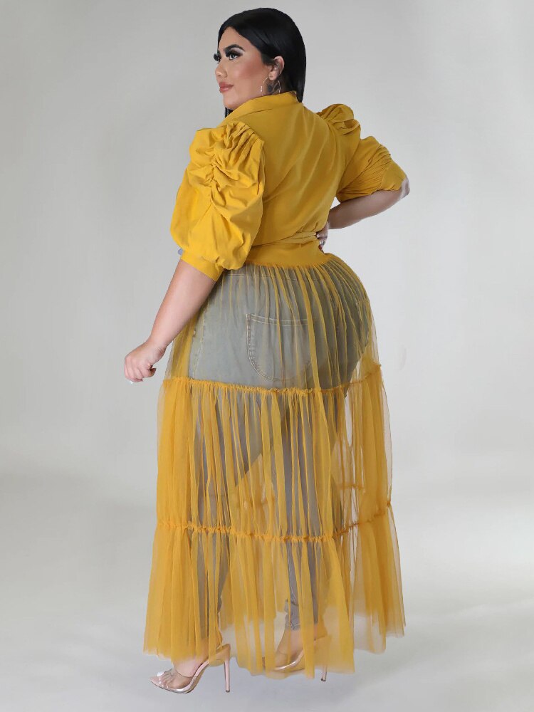 Mesh Tassel Fringe Detail Transparent Patchwork 1/2 Balloon Puff Sleeve Solid Color Bandage Maxi Blouse to 5X Plus Size