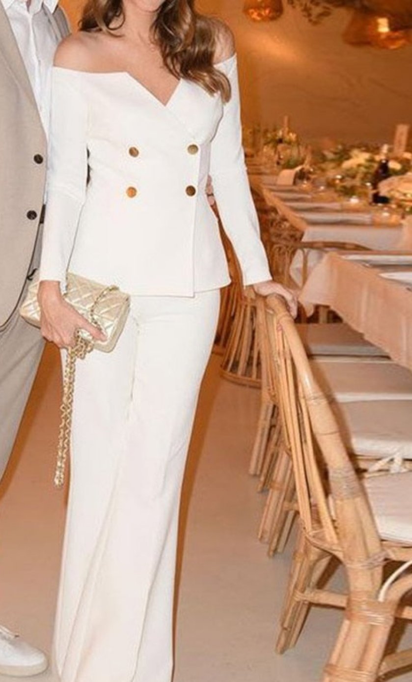 White One Shoulder V-Neck Solid Double Button Row Blazer + Loose Flare Pants Ladies Suit