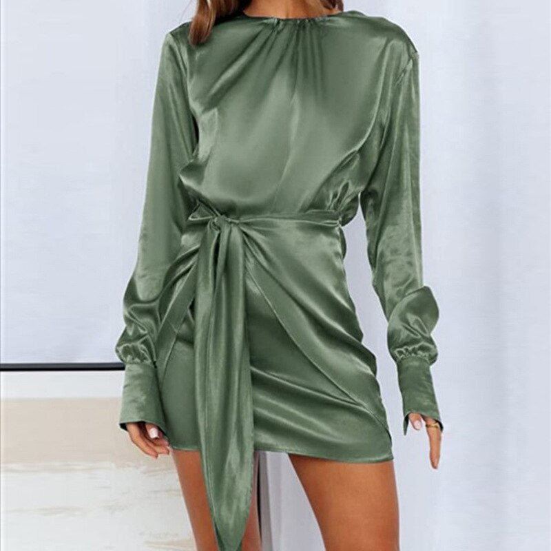 Satin Long Sleeve Round Neck Elastic Lace MiniDress w/ Belt