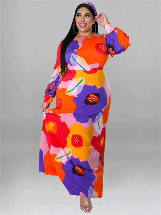 Rainbow Big Flower Print Big Hem Long Sleeve Maxi Dress to 5X Plus Size