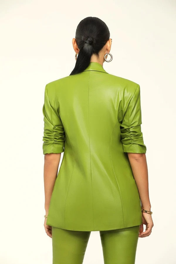 PU Leather Women's Solid Color Notch Neck Blazer & Pants Office Suit